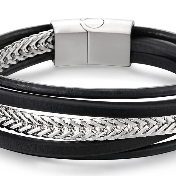 COOLSTEELANDBEYOND Mens Women Stainless Steel Flat Wheat Chain, Multi-strand Black Leather Bracelet with Magnetic Clasp - COOLSTEELANDBEYOND Jewelry