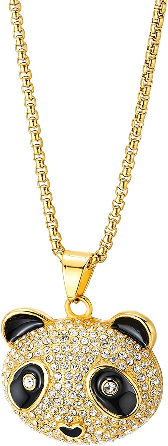 COOLSTEELANDBEYOND Mens Womens Iced Out Cute Panda Pendant Necklace Pave Cubic Zirconia, Gold Color Steel, Bling Bling Rapper Jewelry - COOLSTEELANDBEYOND Jewelry