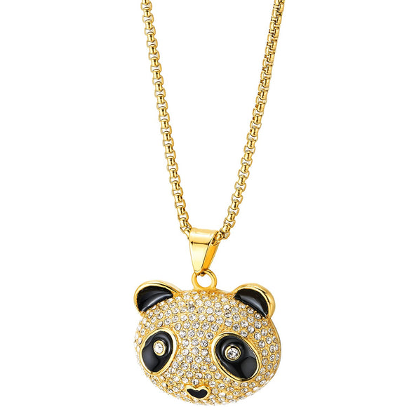 COOLSTEELANDBEYOND Mens Womens Iced Out Cute Panda Pendant Necklace Pave Cubic Zirconia, Gold Color Steel, Bling Bling Rapper Jewelry - COOLSTEELANDBEYOND Jewelry