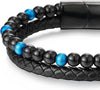 Two-row Black Blue Gem Stone Beads Chain Black Braided Leather Bracelet, Steel Magnetic Clasp - COOLSTEELANDBEYOND Jewelry