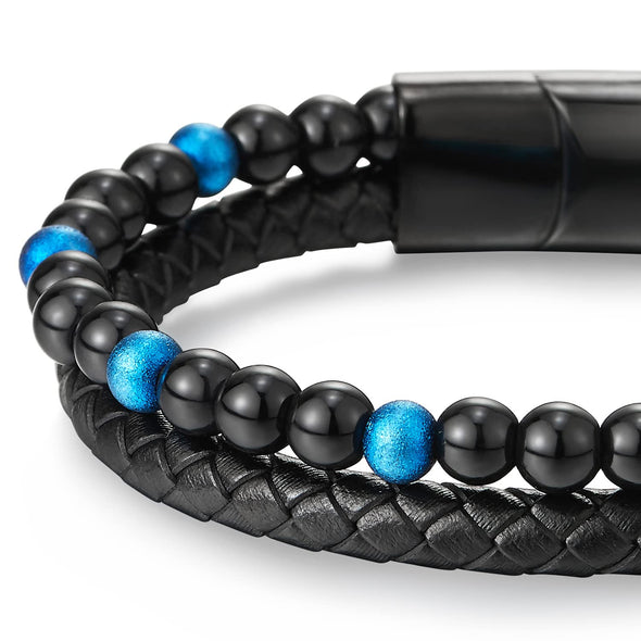 Two-row Black Blue Gem Stone Beads Chain Black Braided Leather Bracelet, Steel Magnetic Clasp - COOLSTEELANDBEYOND Jewelry