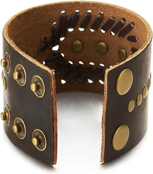 COOLSTEELANDBEYOND Punk Bracelet, Wide Brown Leather Bangle Bracelet with Skulls and Rivets, Men Women Gothic Rock - COOLSTEELANDBEYOND Jewelry