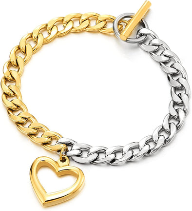 Womens Steel Silver Gold Color Two-tone Link Chain Bracelet with Dangling Heart Charm, Hook Closure - COOLSTEELANDBEYOND Jewelry