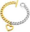 Womens Steel Silver Gold Color Two-tone Link Chain Bracelet with Dangling Heart Charm, Hook Closure - COOLSTEELANDBEYOND Jewelry