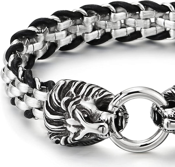 Mens Lion Head Spring Ring Clasp Bracelet, Rolo Chain Interwoven with Black Braided Leather - COOLSTEELANDBEYOND Jewelry