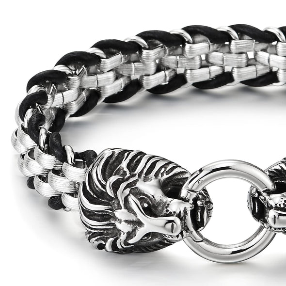 Mens Lion Head Spring Ring Clasp Bracelet, Rolo Chain Interwoven with Black Braided Leather - COOLSTEELANDBEYOND Jewelry