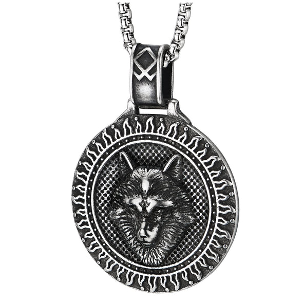 COOLSTEELANDBEYOND Men Steel Embossed Wolf Head Pendant Necklace, Norse Viking Circle Medal, 30 inches Wheat Chain - COOLSTEELANDBEYOND Jewelry