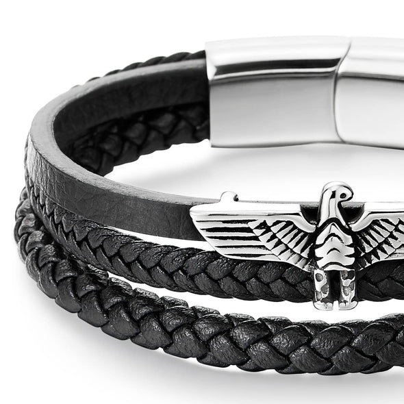 Stainless Steel Ancient Eagle Bangle Bracelet Three-strand Black Braided Leather Wristband for Men - COOLSTEELANDBEYOND Jewelry