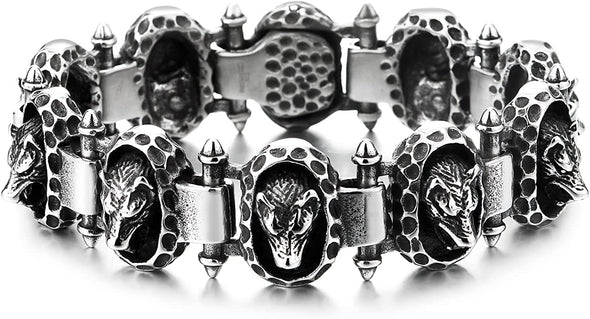 COOLSTEELANDBEYOND Mens Steel Wolf Head Bracelet, Vintage Blackened Dotted Oval Charms Link Chain Bangle, Heavy-Duty, Punk - COOLSTEELANDBEYOND Jewelry