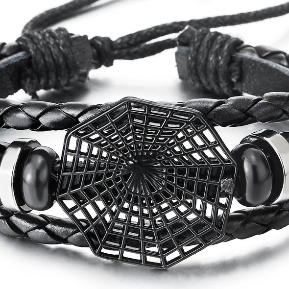 COOLSTEELANDBEYOND Spiker Web Multi-Strand Black Leather Bracelet, Men Women Braided Leather Wristband Wrap Bracelet - COOLSTEELANDBEYOND Jewelry
