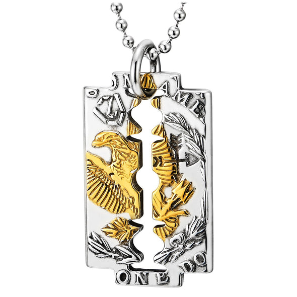 COOLSTEELANDBEYOND Mens Razor Blade Pendant Necklace with Eagle, Gold Silver Two Tone Stainless Steel, 30 inches Chain - COOLSTEELANDBEYOND Jewelry