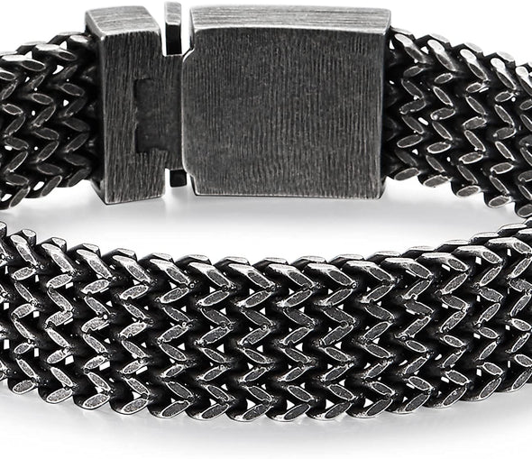 Masculine and Sturdy Mens Steel Oxidized Old Metal Wide Franco Link Curb Chain Bracelet, Rock Punk - COOLSTEELANDBEYOND Jewelry
