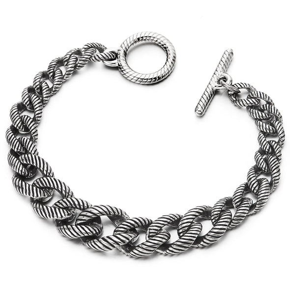 COOLSTEELANDBEYOND Mens Women Cuban Curb Chain Bracelet, Steel Stripes Rope Link Chain with Toggle Clasp, Old Metal Finishing - COOLSTEELANDBEYOND Jewelry