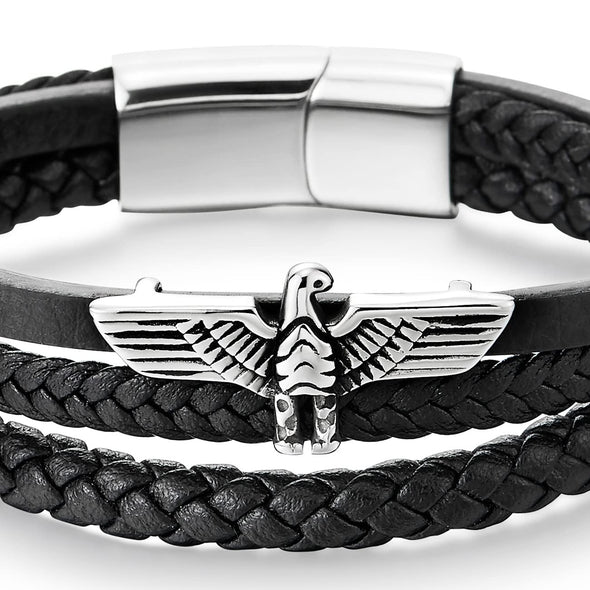 Stainless Steel Ancient Eagle Bangle Bracelet Three-strand Black Braided Leather Wristband for Men - COOLSTEELANDBEYOND Jewelry