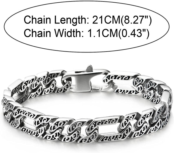 COOLSTEELANDBEYOND Mens Vintage Stainless Steel Fancy Tribal Tattoo Pattern Curb Chain Bracelet with Spring Box Clasp - COOLSTEELANDBEYOND Jewelry