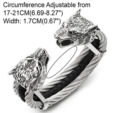 COOLSTEELANDBEYOND Men Stainless Steel Wolf Heads Cuff Bracelet, Three-row Twisted Cable Black Leather Bangle, Adjustable - COOLSTEELANDBEYOND Jewelry
