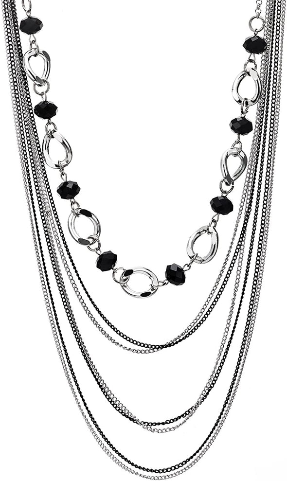 COOLSTEELANDBEYOND Layered Statement Necklace, Crystal Beads, Silver Black Multi-Strand Waterfall Long Chains and Circle Charm - COOLSTEELANDBEYOND Jewelry