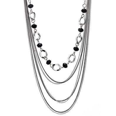 COOLSTEELANDBEYOND Layered Statement Necklace, Crystal Beads, Silver Black Multi-Strand Waterfall Long Chains and Circle Charm - COOLSTEELANDBEYOND Jewelry