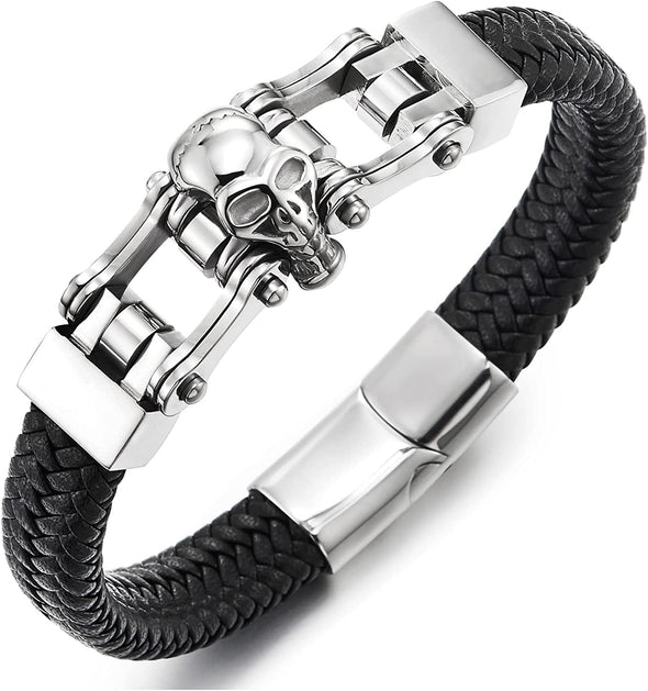 COOLSTEELANDBEYOND Mens Steel Skull Motorcycle Bike Chain Black Braided Leather Bangle Bracelet, Magnetic Clasp - COOLSTEELANDBEYOND Jewelry