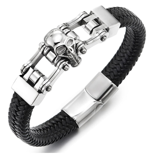 COOLSTEELANDBEYOND Mens Steel Skull Motorcycle Bike Chain Black Braided Leather Bangle Bracelet, Magnetic Clasp - COOLSTEELANDBEYOND Jewelry