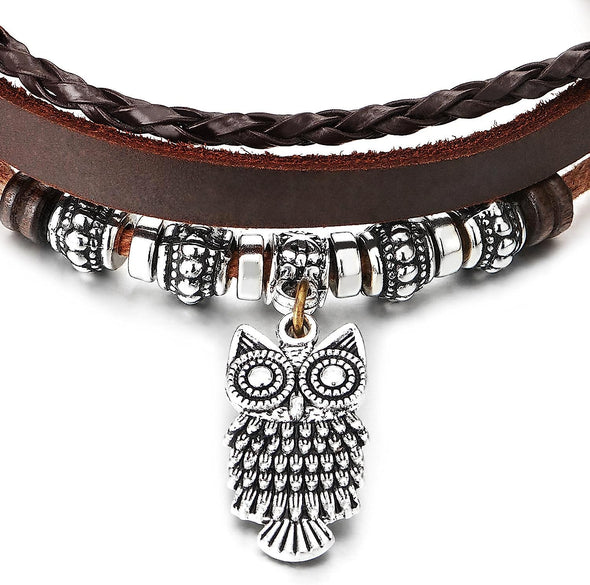 COOLSTEELANDBEYOND Brown Multi-Strand Leather Bracelet, Owl and Beads Charms, Braided Cotton Strap, for Mens Womens - COOLSTEELANDBEYOND Jewelry