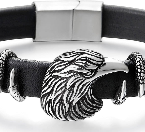 COOLSTEELANDBEYOND Stainless Steel Eagle Bracelet for Men, Eagle Head and Claws Bangle, Black Leather Wristband - COOLSTEELANDBEYOND Jewelry