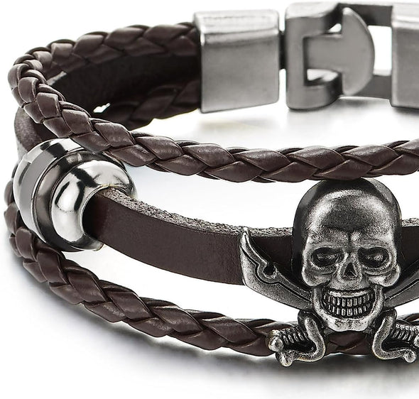 COOLSTEELANDBEYOND Brown Braided Leather Bracelet Sword Pirate Skull Mens Women Multi-Strand Leather Wristband - COOLSTEELANDBEYOND Jewelry