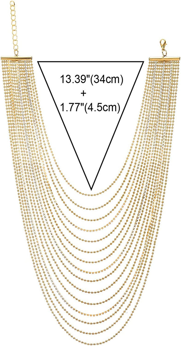 COOLSTEELANDBEYOND Gold Color Multi-Strand Waterfall Statement Necklace, Ball and Cubic Zirconia Chain, Dress Party - COOLSTEELANDBEYOND Jewelry