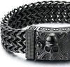 COOLSTEELANDBEYOND Mens Black Stainless Steel Curb Chain Bracelet with Pirate Skulls Clasp, Large Bracelet Franco Link - COOLSTEELANDBEYOND Jewelry