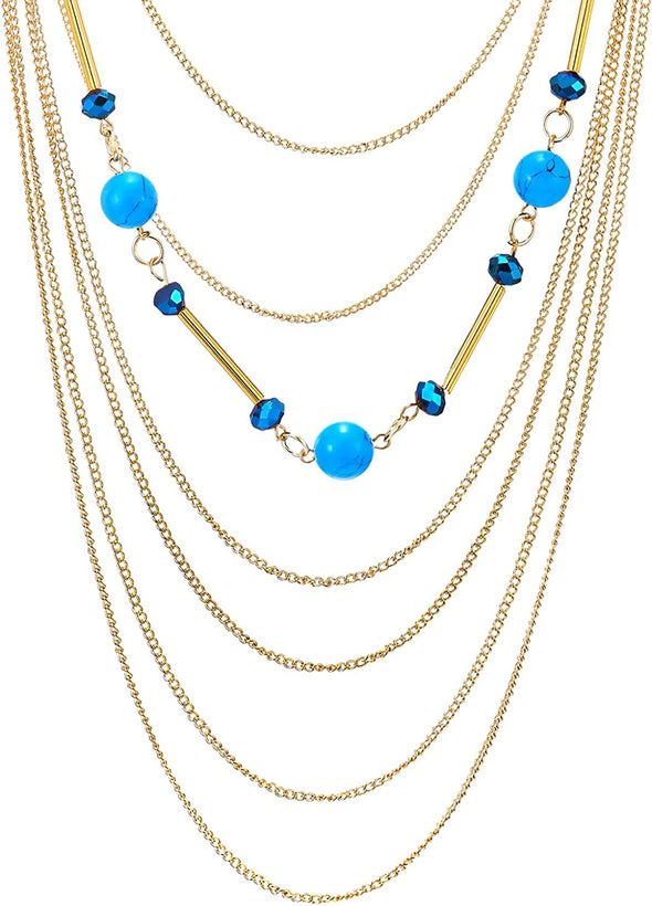 COOLSTEELANDBEYOND Gold Statement Necklace Multi-Strand Waterfall Long Chains, Blue Crystal, Synthetic Turquoise Bead - COOLSTEELANDBEYOND Jewelry