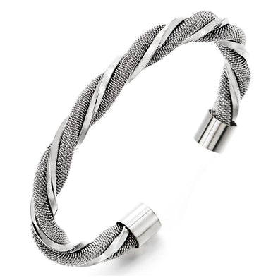 COOLSTEELANDBEYOND Stainless Steel Cable Cuff Bracelet for Men Women, Interwoven Twisted Cable Bangle, Elastic Adjustable - COOLSTEELANDBEYOND Jewelry