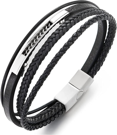 Mens Women Multi-strand Black Braided Leather Bangle Bracelet Steel Inlaid with Curb Chain - COOLSTEELANDBEYOND Jewelry