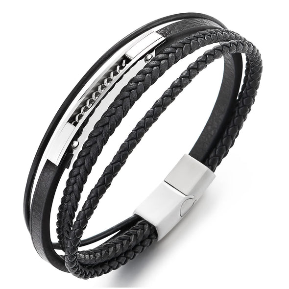 Mens Women Multi-strand Black Braided Leather Bangle Bracelet Steel Inlaid with Curb Chain - COOLSTEELANDBEYOND Jewelry