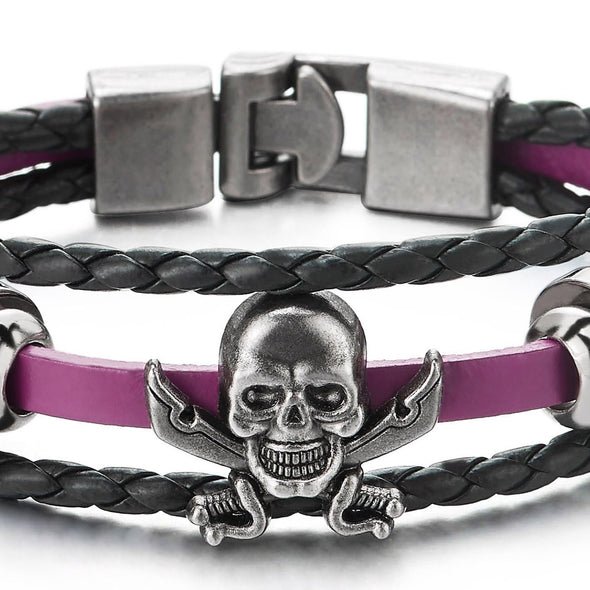 COOLSTEELANDBEYOND Black Purple Braided Leather Bracelet Sword Pirate Skull Mens Women Multi-Strand Leather Wristband - COOLSTEELANDBEYOND Jewelry