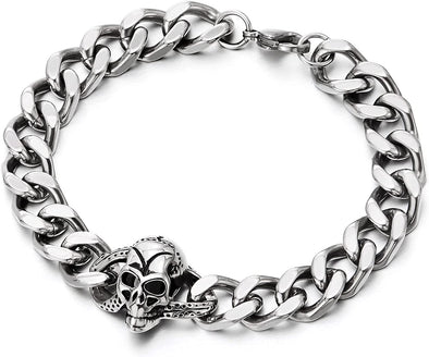 COOLSTEELANDBEYOND Stainless Steel Skull Bracelet for Men Women, Curb Chain Link Polished, Gothic Biker - COOLSTEELANDBEYOND Jewelry