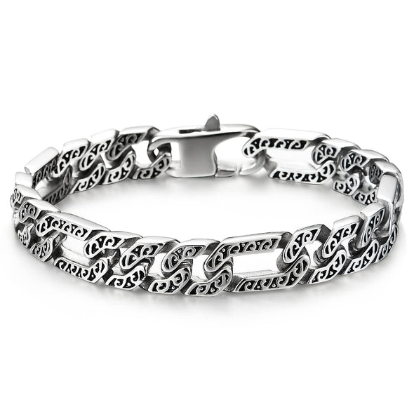 COOLSTEELANDBEYOND Mens Vintage Stainless Steel Fancy Tribal Tattoo Pattern Curb Chain Bracelet with Spring Box Clasp - COOLSTEELANDBEYOND Jewelry