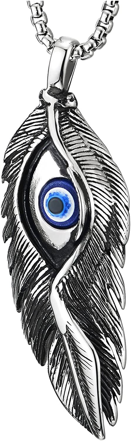 COOLSTEELANDBEYOND Mens Womens Steel Peacock Feather and Evil Eye Necklace, Good Luck Protection Amulet Pendant - COOLSTEELANDBEYOND Jewelry