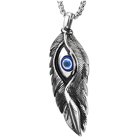COOLSTEELANDBEYOND Mens Womens Steel Peacock Feather and Evil Eye Necklace, Good Luck Protection Amulet Pendant - COOLSTEELANDBEYOND Jewelry