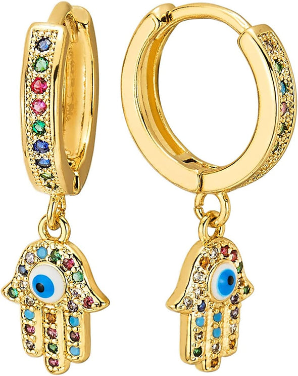 Dangling Hamsa Hand of Fatima Gold Color Huggie Hinged Hoop Earrings, with Colorful Cubic Zirconia - COOLSTEELANDBEYOND Jewelry