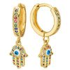 Dangling Hamsa Hand of Fatima Gold Color Huggie Hinged Hoop Earrings, with Colorful Cubic Zirconia - COOLSTEELANDBEYOND Jewelry