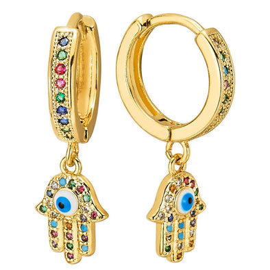 Dangling Hamsa Hand of Fatima Gold Color Huggie Hinged Hoop Earrings, with Colorful Cubic Zirconia - COOLSTEELANDBEYOND Jewelry