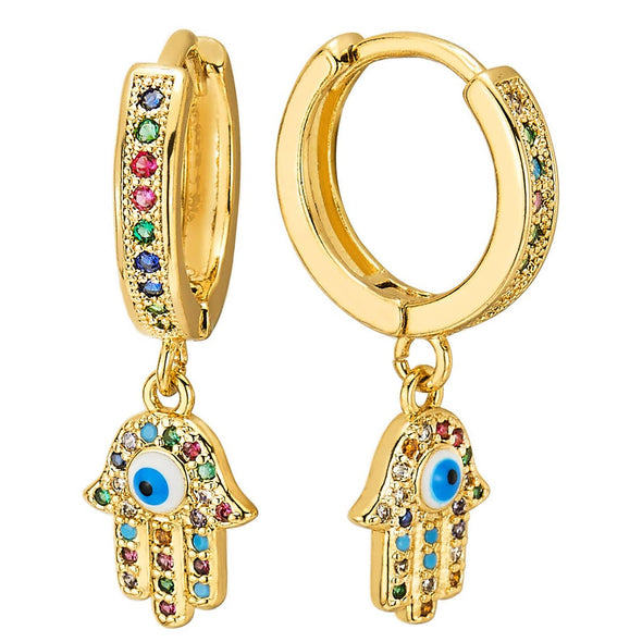 Dangling Hamsa Hand of Fatima Gold Color Huggie Hinged Hoop Earrings, with Colorful Cubic Zirconia - COOLSTEELANDBEYOND Jewelry