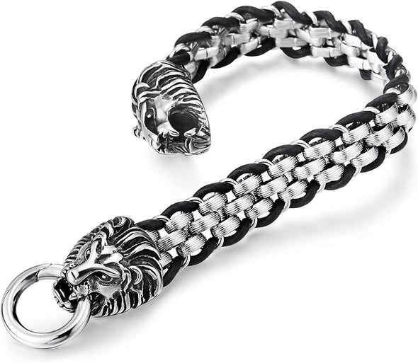 Mens Lion Head Spring Ring Clasp Bracelet, Rolo Chain Interwoven with Black Braided Leather - COOLSTEELANDBEYOND Jewelry