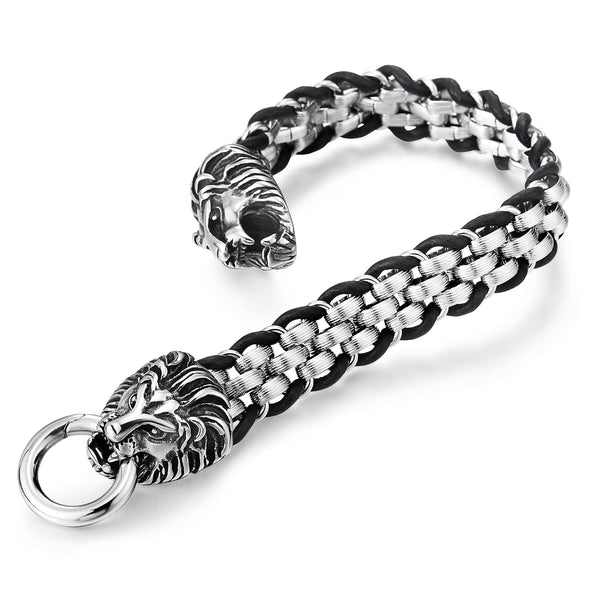 Mens Lion Head Spring Ring Clasp Bracelet, Rolo Chain Interwoven with Black Braided Leather - COOLSTEELANDBEYOND Jewelry