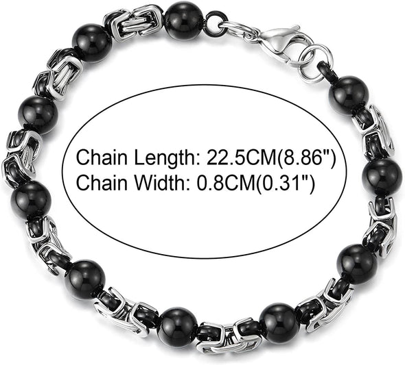 Unique Men Women Stainless Steel Braided Link Bracelet with Bead Ball Charms, Silver Black Two-tone - COOLSTEELANDBEYOND Jewelry