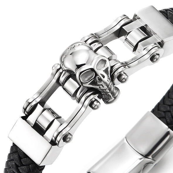 COOLSTEELANDBEYOND Mens Steel Skull Motorcycle Bike Chain Black Braided Leather Bangle Bracelet, Magnetic Clasp - COOLSTEELANDBEYOND Jewelry