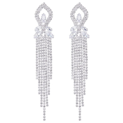 Crystal Statement Earrings, with Rhinestone Pave Cluster, Long Dangle Tassel Chain, Wedding Party