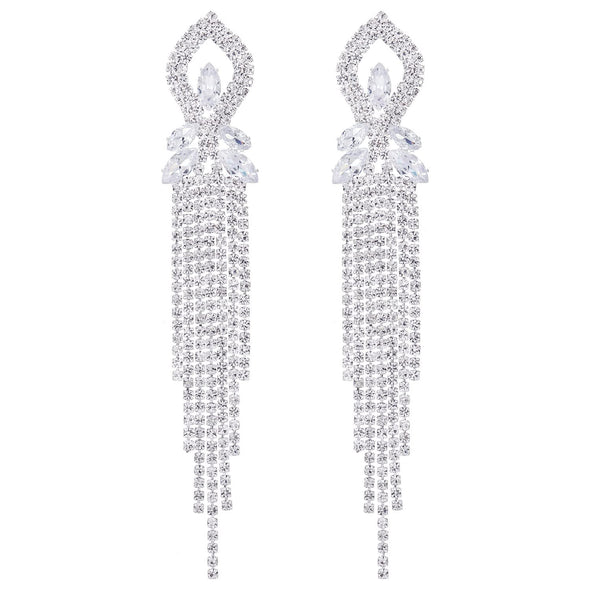 Crystal Statement Earrings, with Rhinestone Pave Cluster, Long Dangle Tassel Chain, Wedding Party