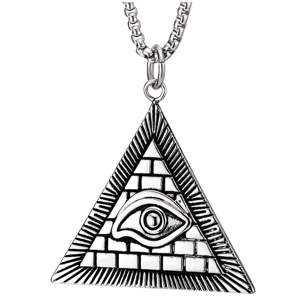 COOLSTEELANDBEYOND Mens Womens Steel Evil Eye Pattern Triangle Pyramid Medal Pendant Necklace, 30 inches Wheat Chain - COOLSTEELANDBEYOND Jewelry