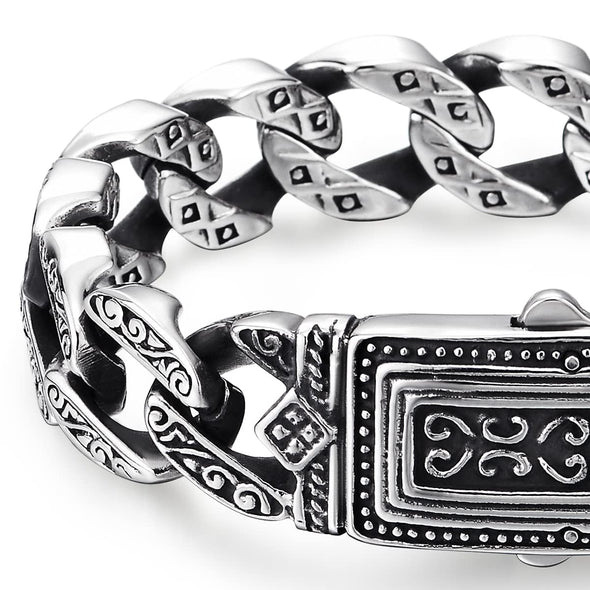 COOLSTEELANDBEYOND Mens Retro Style Steel Vintage Curb Chain Bracelet Engraving with Tribal Tattoo Pattern, Spring Clasp - COOLSTEELANDBEYOND Jewelry